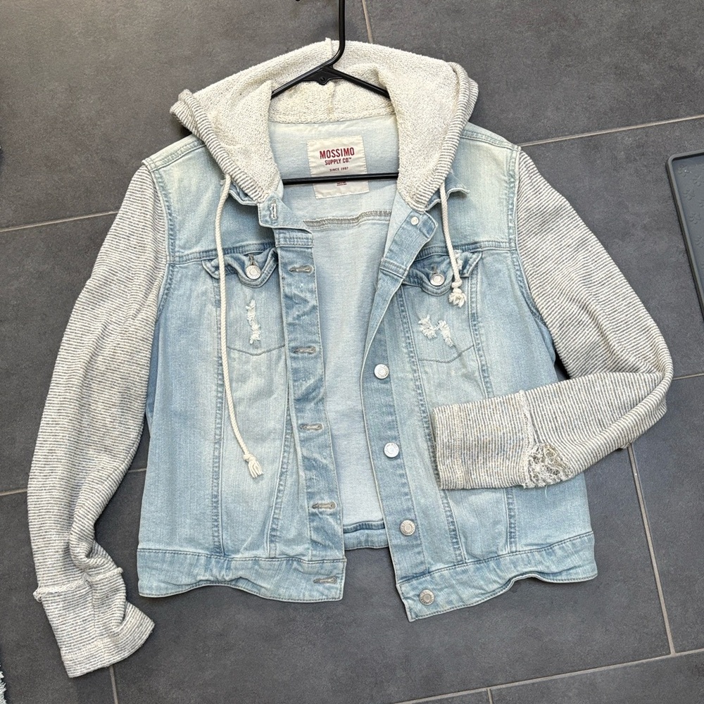 Mossimo Supply Co. Light Blue Denim Jacket with Gray Hoodie Sleeves